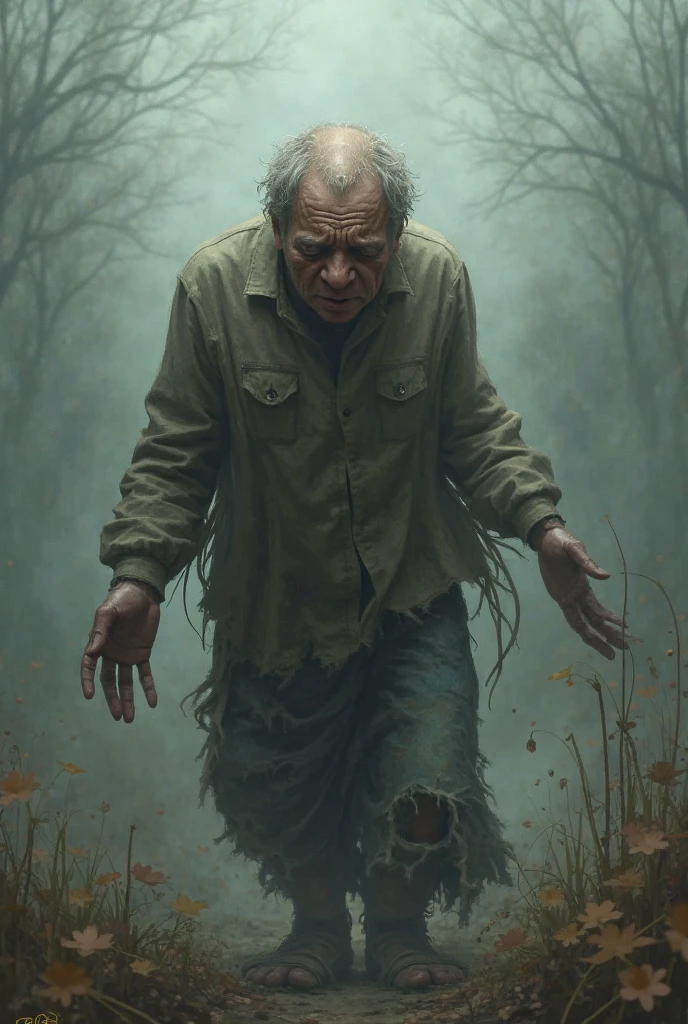 creepy scene, Disgusting old man, full body, creepy big knife, wearing rags, creepy smile, humedity wilderness, country side, creepy smog