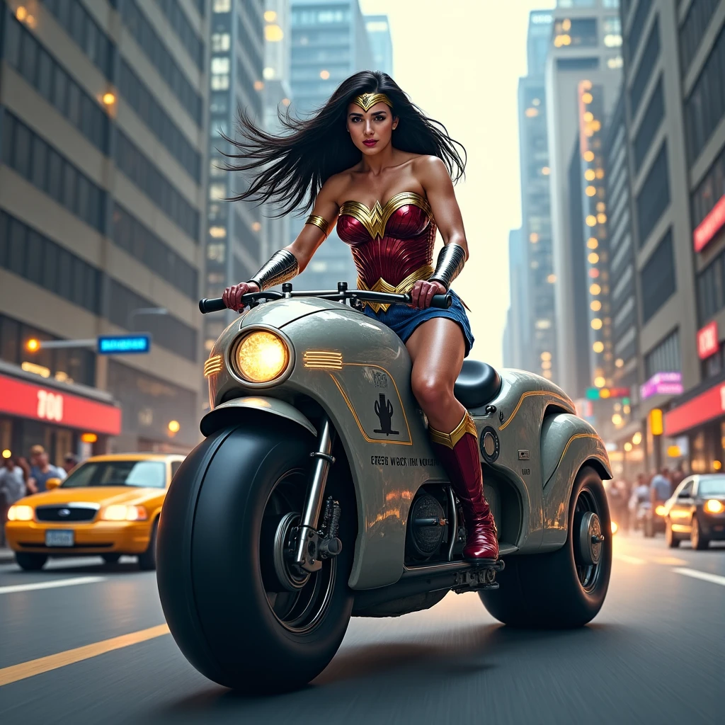 wonder woman driving large round motorcycle with a windshield, best quality, highly detailed, bokeh, <lora:cap9motosdxl:0.8>, black simple background, text "Capsule 9"