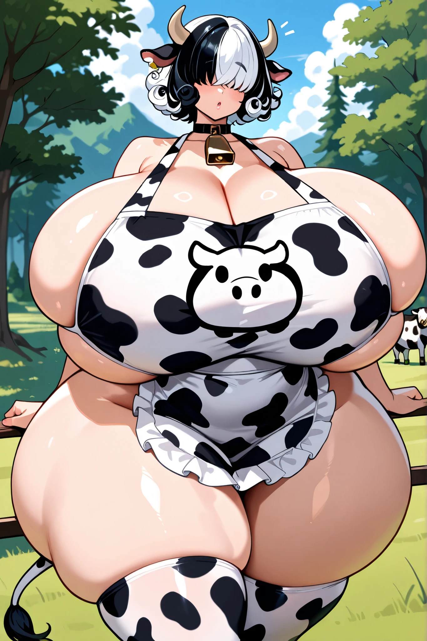 mature woman, woman slim sexy body, cow bikini woman, giant breasts , enormously gigantic tits ,long pointed breasts, fine waist woman, wide hips woman, woman giant thick thighs, woman crouching leaning on the wall, woman with a ,toddler ,toddler baron ,small boy, toddler sosteniendo las enormes gigantes tetas de la mujer, toddler ordeñando leche ,boy stretches his tits