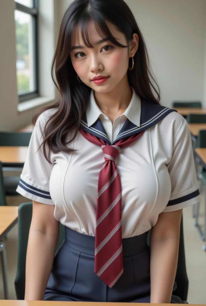 (8k、Raw Photo、highest quality、masterpiece:1.2)、(Real、Photorealistic:1.37)、1 girl、Japanese、18-year-old、woman、classroom、Photon Mapping、Radio City、Cinema lighting、Dark Brown Hair、Detail face、detailed lip、Details、Detailed muscle、double eyelid、(Big Breasts:1.4)、(Underbust:1.3)、(Covered nipples:1.1)、(Loose Sailor Uniform :1.35)、Perfect body、Shiny skin:1.5、(stand)、Model pose、Cowboy Shot