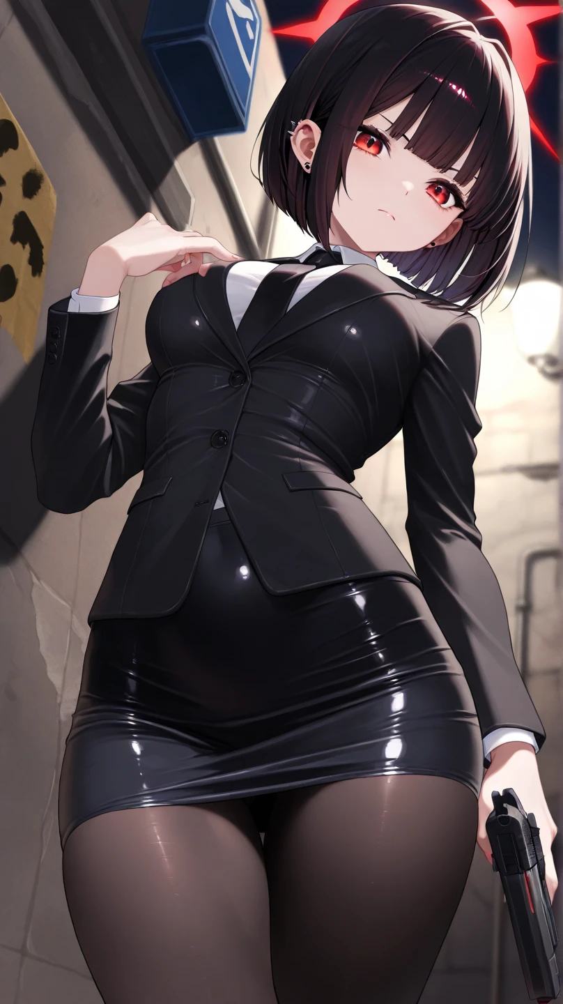 (masterpiece), best quality, expressive eyes, perfect face, 1girl, full body view, sexy pose, blushing, face without a smile, slim waist, thigh gap, cleavege, hot face, big breasts, hard nipples, tall, kobeni higashiyama black hair hair ornament hairclip mole mole under eye ponytail short hair (brown eyes:1.5), black necktie black pants business suit formal long sleeves necktie pants suit