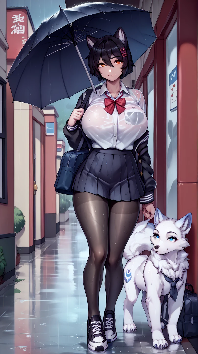 Gray Hair , short hair, Close your eyes, (Big-:1.5) , Thin legs, Slim body, Leather Collar, maid outfit victorian, Dynamic pose, whole body, View from below, Wide Hips, Kneel