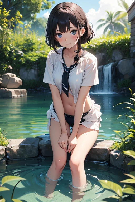 ((highest quality)), ((masterpiece)), (Cute baby girl), (3 girls:1.5), cute three girls are posing for a camera outdoors in the water, shirtをつかむ, Stand in line, (Close-up shot from the knee:1.3), perfect face, smile, (open your mouth and smile:1.3), embarrassed look, (precise fingers:1.3), hair band, head band, hair bobble, blouse, shirt, I can see your underwear, (pastel colored underwear), high resolution eyes, accurate eyes, (high resolution eyes:1.8), (High definition finger 1.8), light smile, small chest, chest, realistic, 4-year-old, 5 years old, 6 years old, 7 years old, knee socks, short skirt, Asian, Westerners, silver hair, brown hair, blonde, belly button, jewelry, looking at the viewer, necklace, water, , Wet, long hair, short hair, abs,