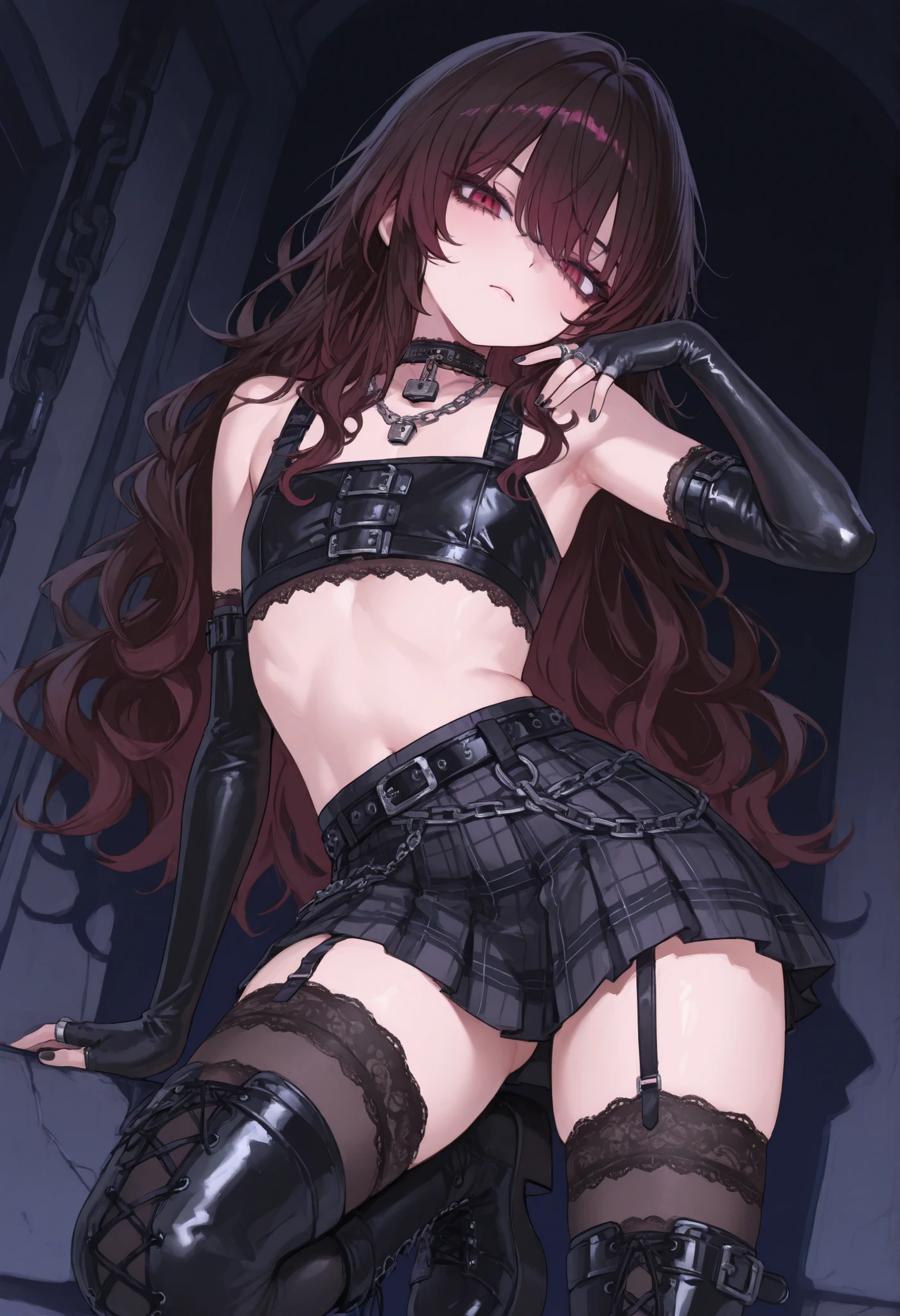 1boy, femboy, flat chest, black oversize crop top, black pleated plaid mini skirt, chain belt, lace balck thighhighs, garter straps, black lace-up platform boots, chain necklace, lock choker, fingerless elbow gloves, silver ring set, black nail polish, intense eyeliner, long wavy dark hair, sexy pose