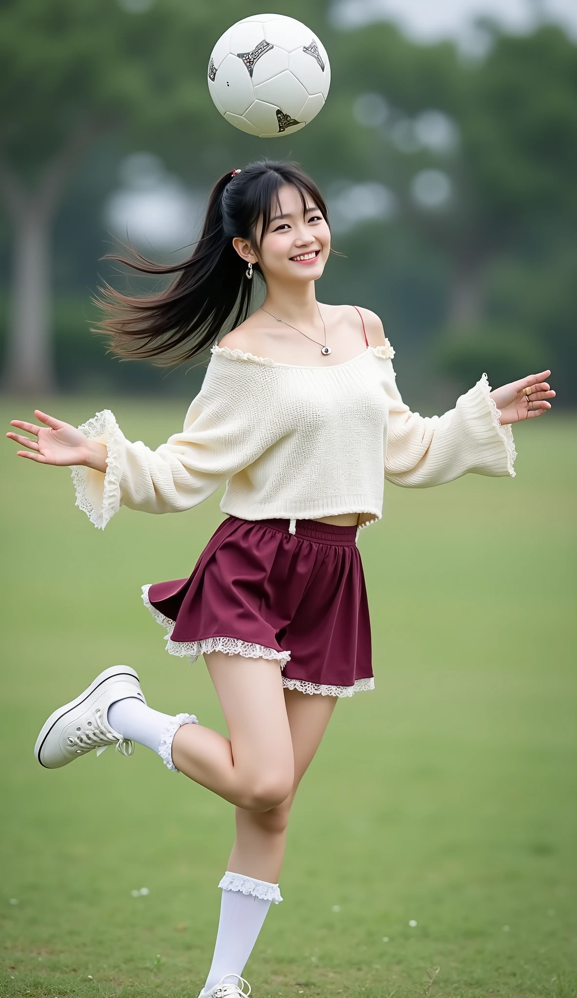 ((full body shot:1.5))、(Petite Young Japanese Woman)、Daytime、(I'm lifting a soccer ball on a grassy ground:1.35)、(above your head {x} raises your knees high and kicks the soccer ball directly above your thighs:1.4)、the moment the soccer ball floats in the air and、Hands are spread horizontally、Smile Yan、((white off-shoulder knitted sweater with lace ruffles))、(burgundy lace flared mini skirt with frills)、beautiful thick thighs、white frilly socks、white sneakers 、Simple Necklace、Simple Ring、simple earrings、white skin、BEAUTIFUL BLACK HAIR、long ponytail、light makeup、(dynamic pose:1.4)、(Beautiful huge breasts)、Accurate depiction of hands and feet、RAW pictures、16K、Reality、professional photography techniques、Ultra High Definition、16K、Real Photo