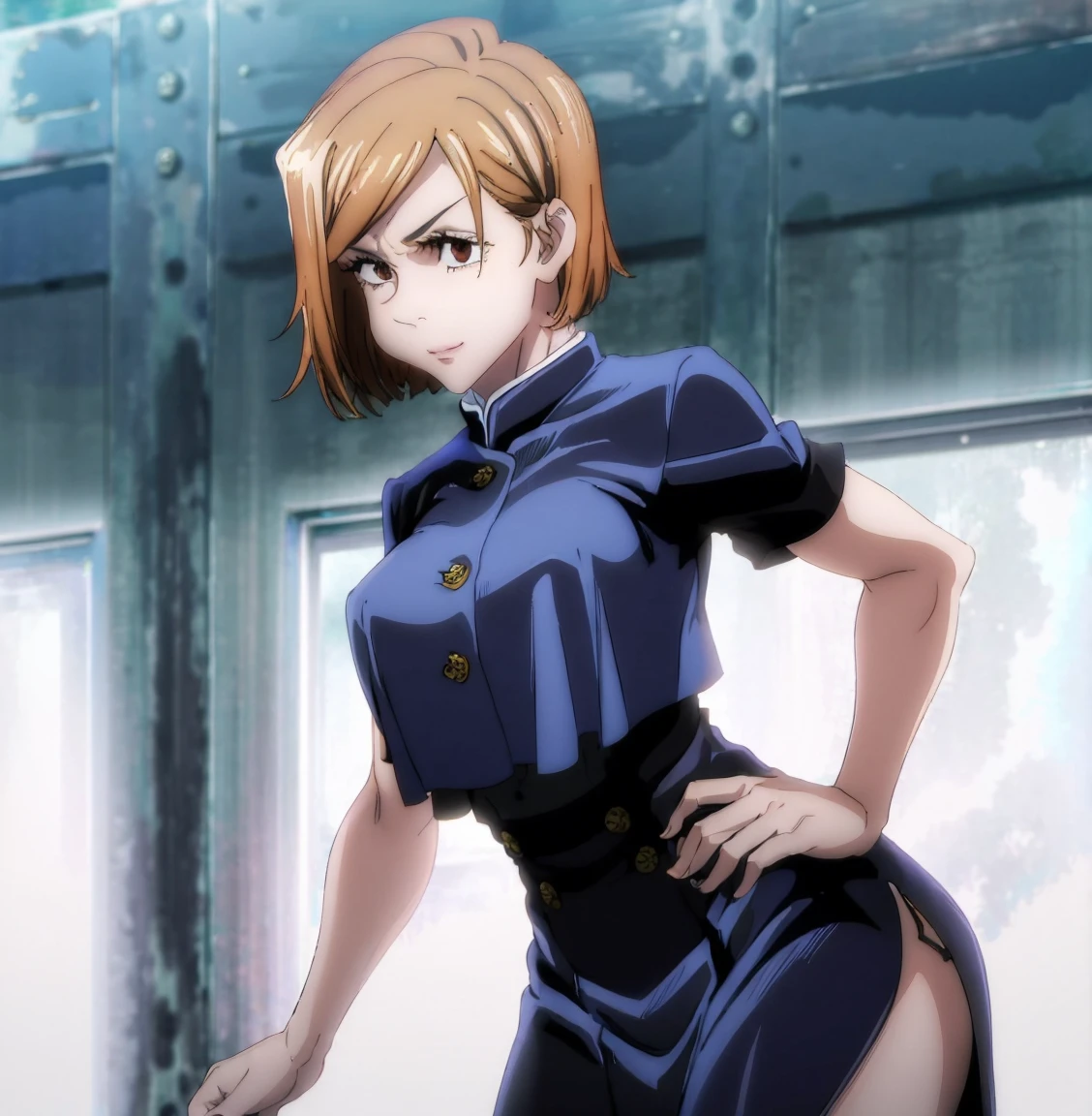 Rose、25-years old、beautiful legs and big breasts、Brown hair、short-hair、hight resolution、8K、A smile、Standing、Wet、エロ、Beautiful legs、Model body type、White High Leg、Blue boots、Blue gloves