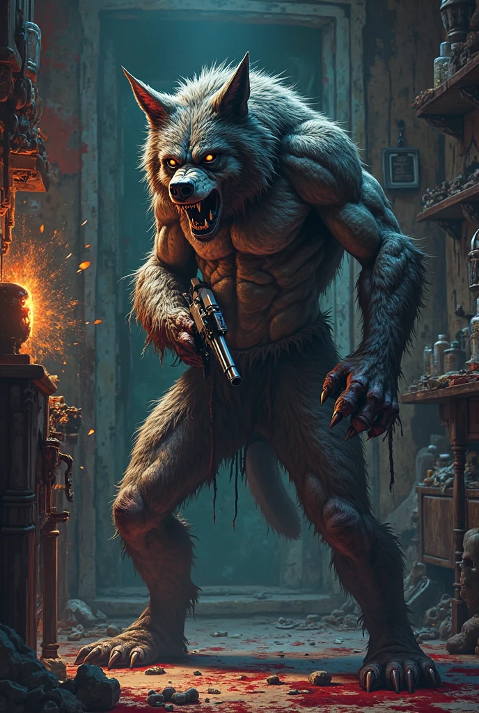 A werewolf who has a well-built body, invades a kitchen, raid the fridge, eat all burger at fridge, anthro werewolf, male, adult, grey, while he's eating a wolfpack eat at the cupboards, buffed body, sexy, beefy body, furred body, beautiful, furry chest hair, realistic, full body, tail, photorealistic, ultra realistic, 8k, night, bare-chested,