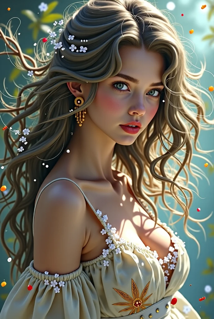 Generate a photograph of a woman. Natural skin, long and voluminous hair, sharp eyes, a thin and upturned nose, shapely lips, an hourglass figure, typical clothes and make-up makeup, intricately detailed, vibrant, epic, smooth, cinematic, HD, backlit, and a shallow depth of field. --auto --s2