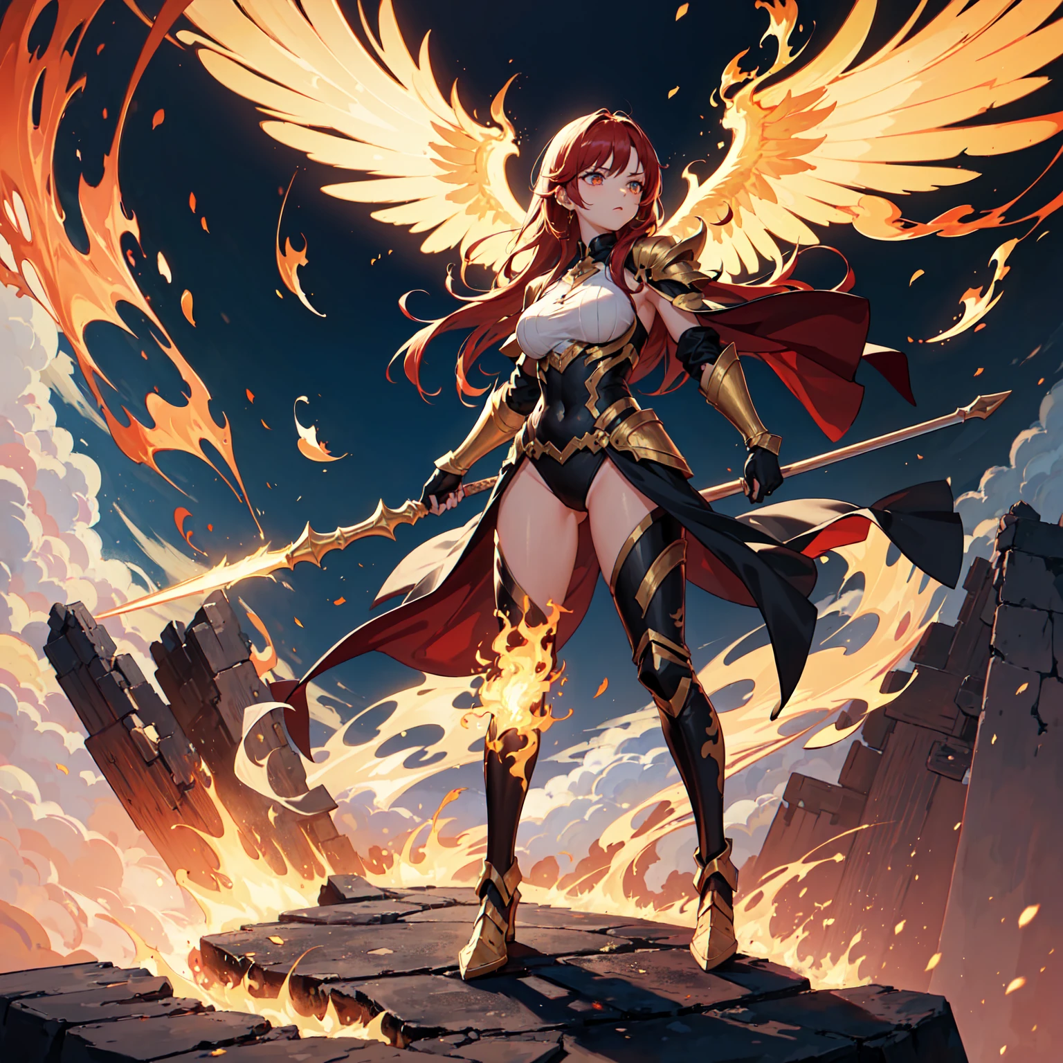 16k, ultra detailed, masterpiece, best quality, (extremely detailed), arafed, dnd art, panoramic view, full body, aasimar, female, (Masterpieceת intense details:1.3), female, sorceress, casting flaming spell(Masterpieceת intense details:1.3) large feathered wings,(azure: 1.3) angelic wings spread (Masterpieceת intense details:1.3), fantasy magical heaven background (Masterpieceת intense details:1.3), moon, stars, clouds, wearing white armor (Masterpieceת intense details:1.3), high heeled boots (Masterpieceת intense details:1.3), armed with staff, (red hair: 1.4), (green eyes: 1.4), intense eyes, ultra feminine, ultra detailed face, (Masterpieceת intense details:1.5), (anatomically correct: 1.5), determined face, divine light, cinematic lighting, soft light, silhouette, photorealism, panoramic view ((Masterpieceת intense details:1.3) , Wide-Angle, Ultra-Wide Angle, 16k, highres, best quality, faize, 3D rendering, flame spirit
