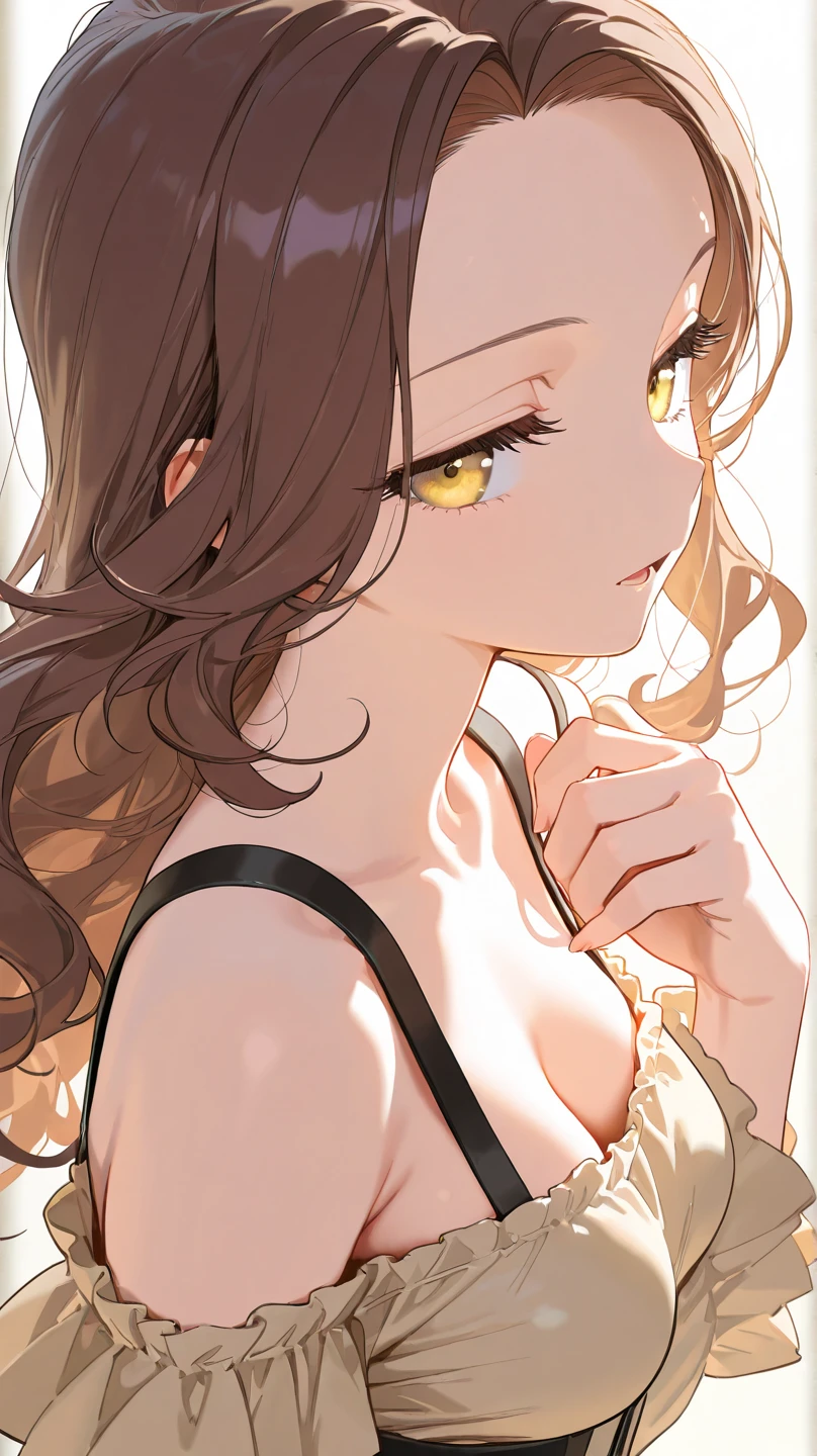 masterpiece, Score_9, Score_8_up, Score_7_up, rear view, 1 woman, alone, brown hair, long curly hair, split bangs, honey eyes, half-closed eyes, parted lips, expressionless, pale skin, large breasts, upper body, Black nightdress with V-neckline, black background, best quality, long and split bangs.