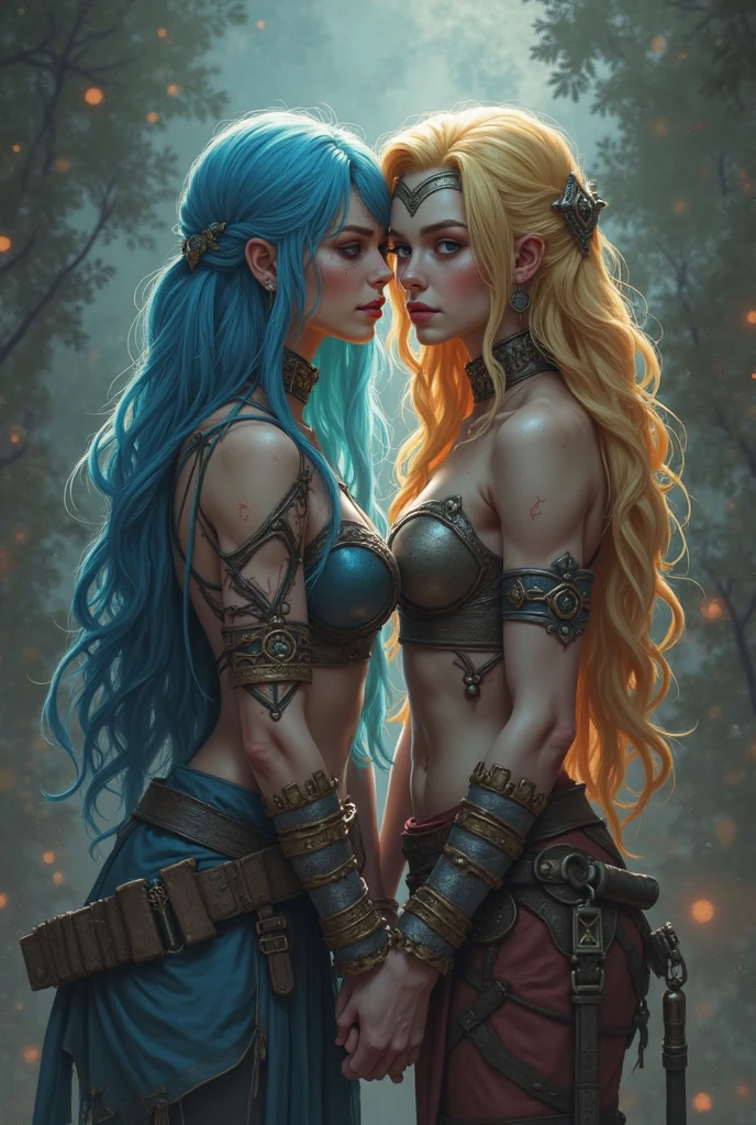 2girls, couple, hug from behind, (masterpiece, best_quality, ultra-detailed, immaculate:1.3), epic, illustration, 1girl, cowboy shot, stoic desert barbarian medicine womantoned, fur armor, fur pauldrons, , (tattoos:1.4), blonde hair, bombshell hime cut,Bow Bunfur cape, waist hug, japanese, above a deciduous forest canopy, at a vinyard, bombshell hair, copper hair, braid, headstand<lora:EnvyBeautyMix19:1>