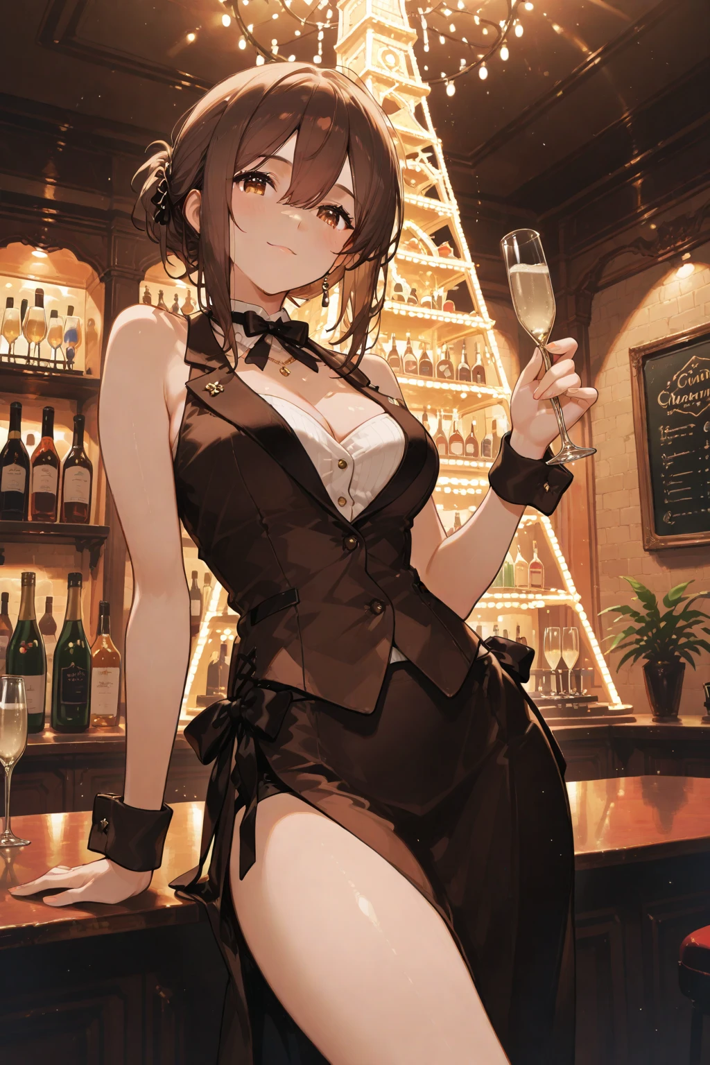 Black Bunny Girl, leotard type, enamel style, Black garter belt, working at a bar, Leaning forward, chest enhancement, cleavage,