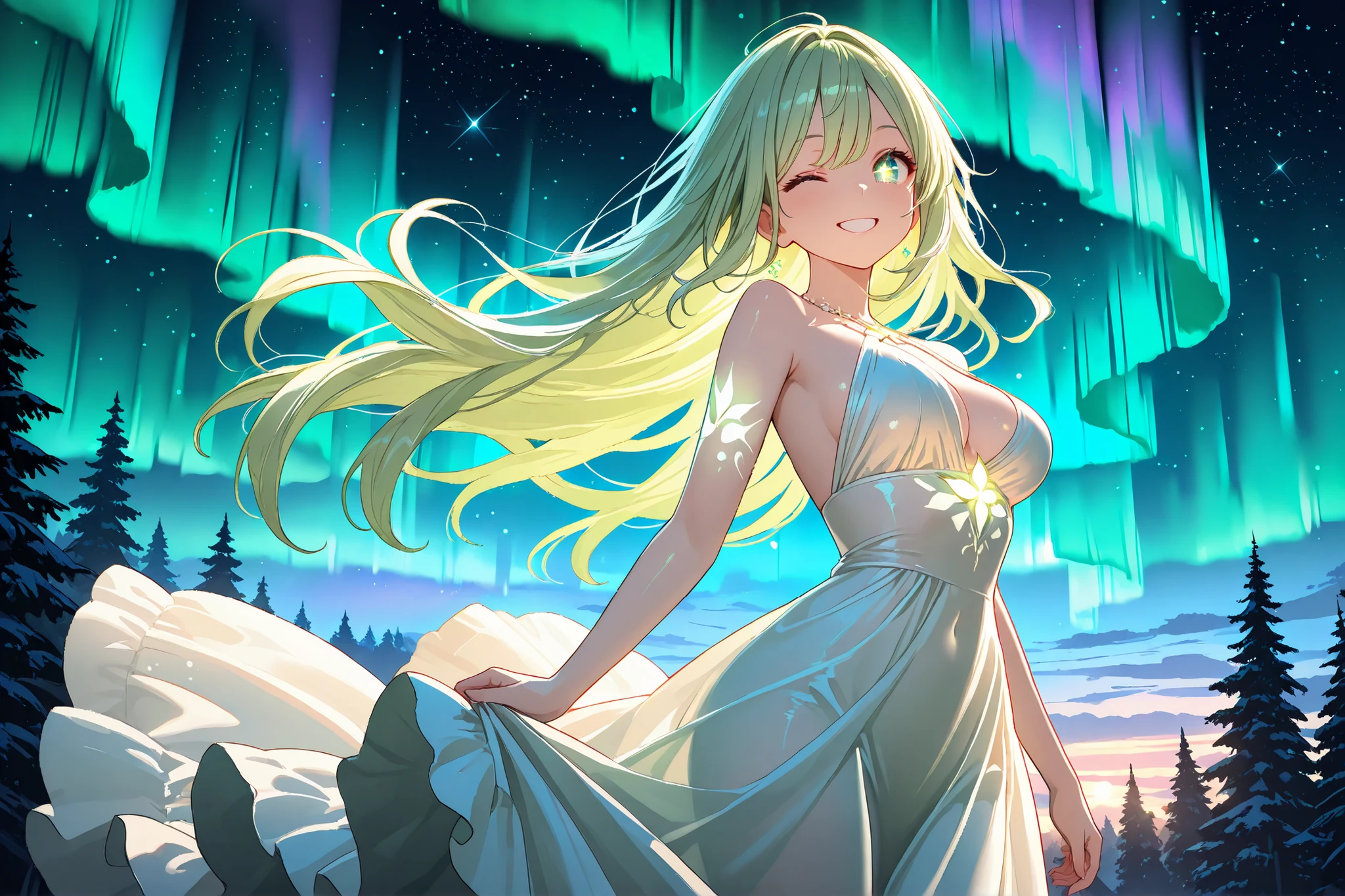 (beautiful girl: 1.3), 1girl, masterpiece, Highest quality, Ultra-high resolution, rich contrast, super high quality, 8k, A magical fantasy-style woman with light yellow-green hair, smiling and winking, glowing skin, sparkling eyes, wearing an ethereal dress, soft ambient light, intricate fantasy details, a dreamy atmosphere, vibrant northern lights (aurora borealis) in the background, stars in the night sky, soft glow, enchanted forest setting, cinematic lighting, high detail, mystical vibe