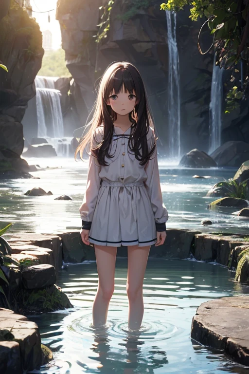 Eight-year-old little loli, cute face, white shawl long hair, red pupils, white dress, naked legs, no shoes, perfect calf curve, cute little feet. On a rainy day, in the park, stepping on fallen leaves.