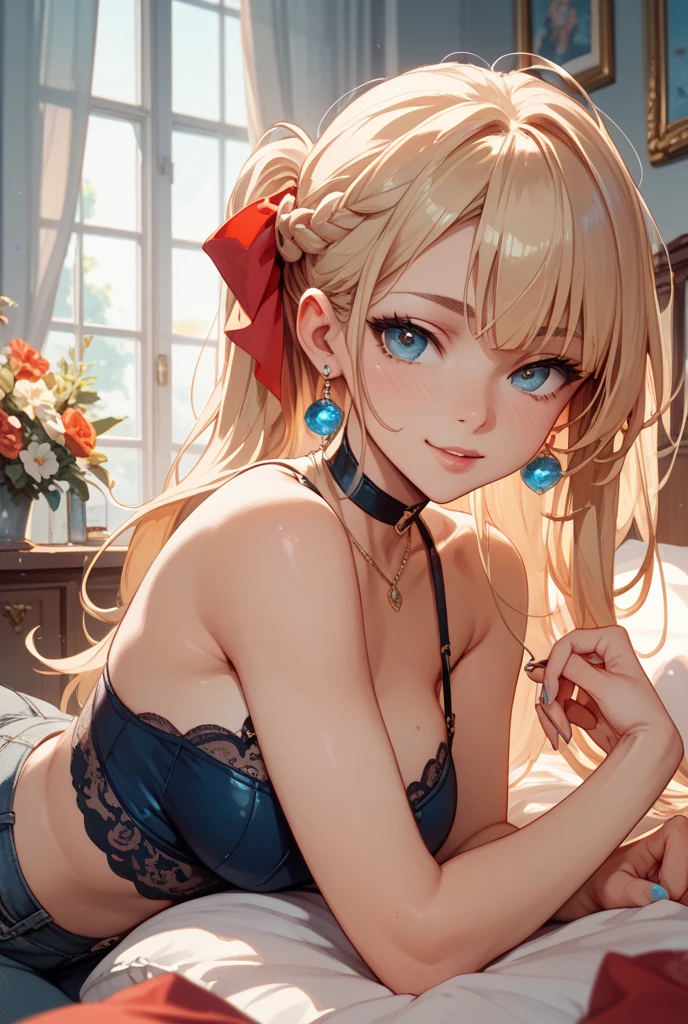 Big Breasts、tall、Toned body、belly button、Beauty、(Ash Blonde Hair)、((Very bun hair))、Perfect Face、An innocent smile、Upper Body、(Cerulean Eye)、(yan)、(Petite)、(slender)、((Flat Chest))、((Only 16))、Skin irregularities、Extreme Detail、Attractive oval face、Red lips、pink、Shiny skin、Detailed hair、Face focus、Chest close-up、Gorgeous hair ornament、Gold earrings、((One girl))、Embarrassed look、
