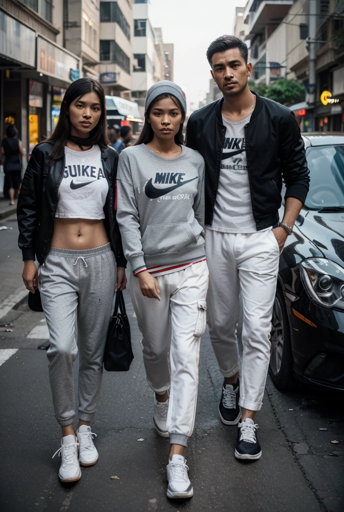 "A realistic image of a blonde female and male model wearing swimwear in the streetwear style of Dior. They have tattoos on her body and is wearing dark square sunglasses. The models are standing on the street, fully clothed and in a non-nude pose. Completing the ensemble, they are both wesring a baseball-style cap, adding a touch of casual flair to the overall look." Color palette: metalic silver, yellow light green and black