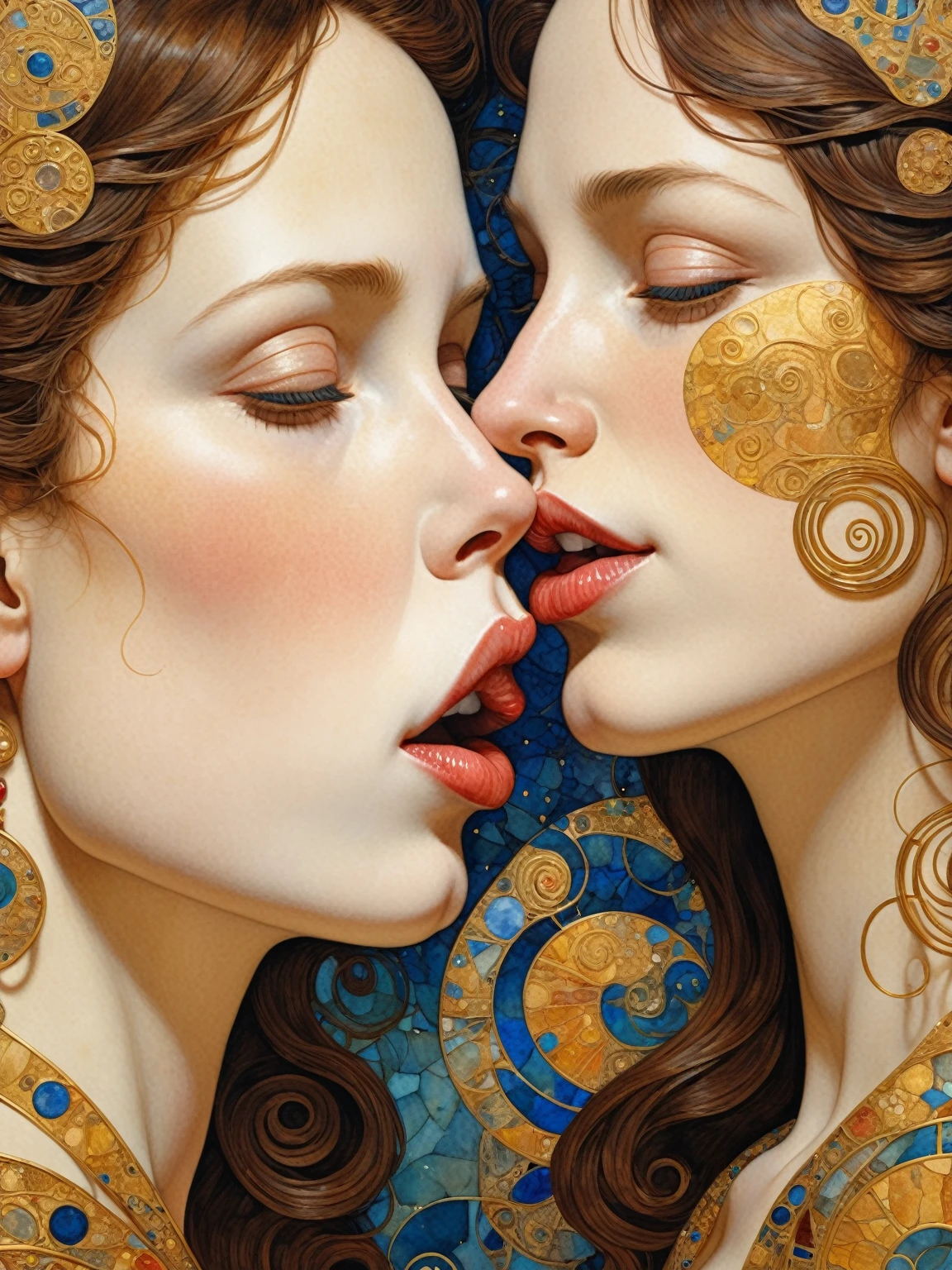NSFW, (masterpiece, highest quality, official art, beauty and aesthetic:1.5), oil painting by Leonardo da Vinci and Alfons Maria Mucha, (perfect anatomy), two gorgeous and stunning pale-skinned young pregnant goddesses is deeply in love with each other, kiss, fantastic make-up, jewelry, romantic atmosphere, flower and moon, magnificent panorama view