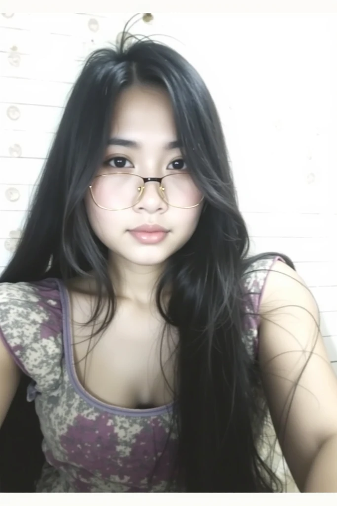 Very young female, half chinese, small slit-eyed, glasses, black hair, flawless white skin, long hair, photorealistic, best quality, hyper detailed, middle school student, beautiful woman, selfie photo, upper body, solo, wearing formal t-shirt, without makeup, school (cheerful, happy), looking at viewer, skin texture, film grain, close up, ultra high res, best shadow, RAW, instagram LUT