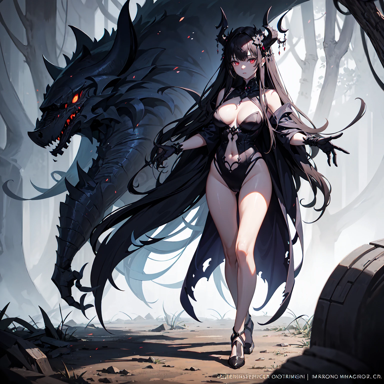 A serpentine black dragon magically transforms into a lovely Malaysian woman (dressed like a Romanian trollop), set in a medieval European village under a full moon. She is a trickster spirit and has seduction to get up too, her dress ACCIDENTALLY drops off how clumsy (show her from head to toe, she hand bra covers herself just enough to be SFW)