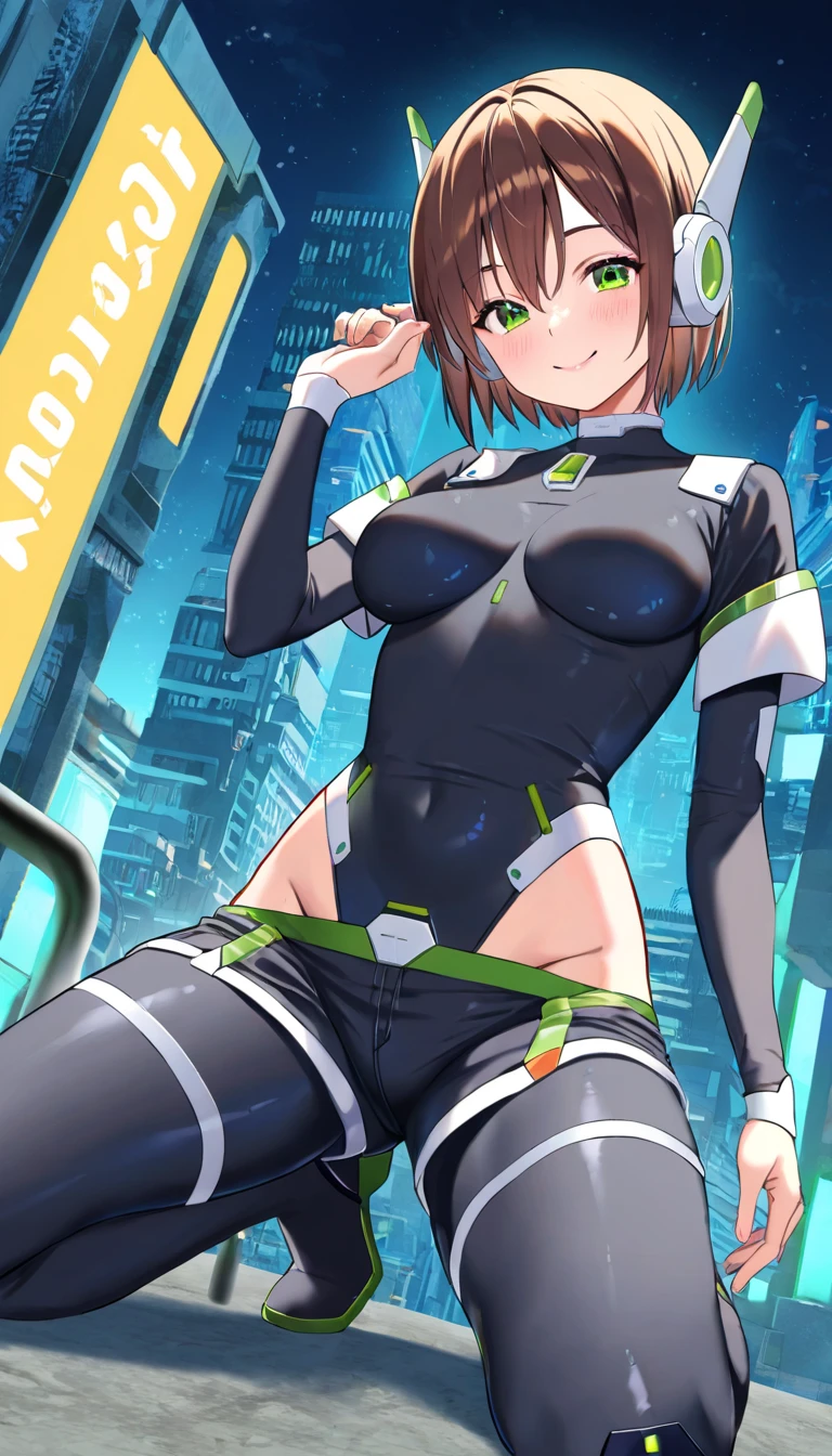 android, beautiful robot. Her curly short black hair is very short like army man, big smile, middle age, joint seam, black eyes, full body figure, Height: 160cm, She wears only micro mini pantie, show pantie, Uplifting, 21th century japan animation, she wares metal flame glasses.