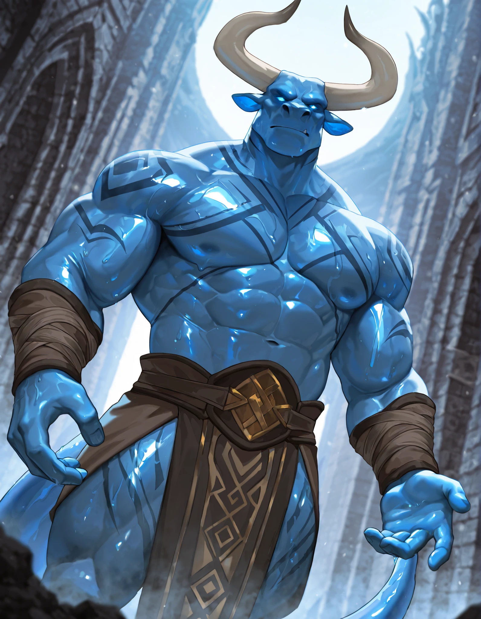 Expressiveh, cold stare, solo male, bara, hungry, score_9, score_8_up, score_7_up, slime short hair, body made of slime, muscular, giant, goliath, slime of a brilliant turquoise blue tone, source_anime, haughty, slime in a form of a man, athletic, human like slime, goliath, stone skin, body tattoo, mature male, minotaur, strong jawline, handsome, perfect anatomy, visible curves, humanoid slime with a gelatinous shape, slime maintains a humanoid figure, athletic, powerfull, big lizard tail, transparent body, capable of changing shape at will, glowing eyes, with a wise and calm look, reflects his maturity and experience, moves with a unique elegance, as if it were floating and gliding through the air, front view, calm expression, medieval fantasy, dungeon background, dramatic lighting, detailed background, depth of field, dynamic pose, detailed background, dynamic composition, dutch angle, detailed backgroud