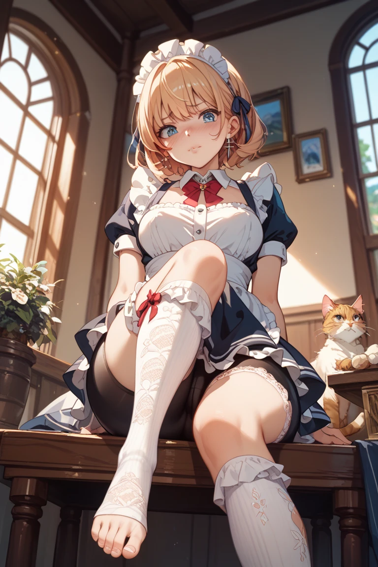Scene Description: - Composition: Portrait. Focus on the face. Shot from the front. - Subject: Cute girl. (Chibi:1.1). Real person. - Features: - Face: (Cute round face:1.2). - Eyes: Detailed dark blue eyes. - Hair: One-leg bob-cut hair down the front with a large ribbon hairpiece, (golden hair), (red inner hair), auburn hair, hair between the eyes. - Body: Detailed slender body. Large breasts. - Clothing: Pink ruffled blouse, flares, blue ribbon tie, long ruffled sleeves, layered skirt. - Expression: happy expression. Mouth open. - Pose: head tilted back. She is looking at the viewer. - Background: living room of a trendy café. - Elements: Houseplants. Cute pastel sofa. Cute pastel curtains. Cute pastel-colored wallpaper. Time: Daytime. Lighting: (Natural light: 1.4). Art Style: Watercolor. Traditional media. Quality: Intricate details. Highly detailed. Outstanding complexity. (Masterpiece: 1.2). (Highest quality: 1.2). (Absurd absolute resolution: 1.4). Mood: Calm,
