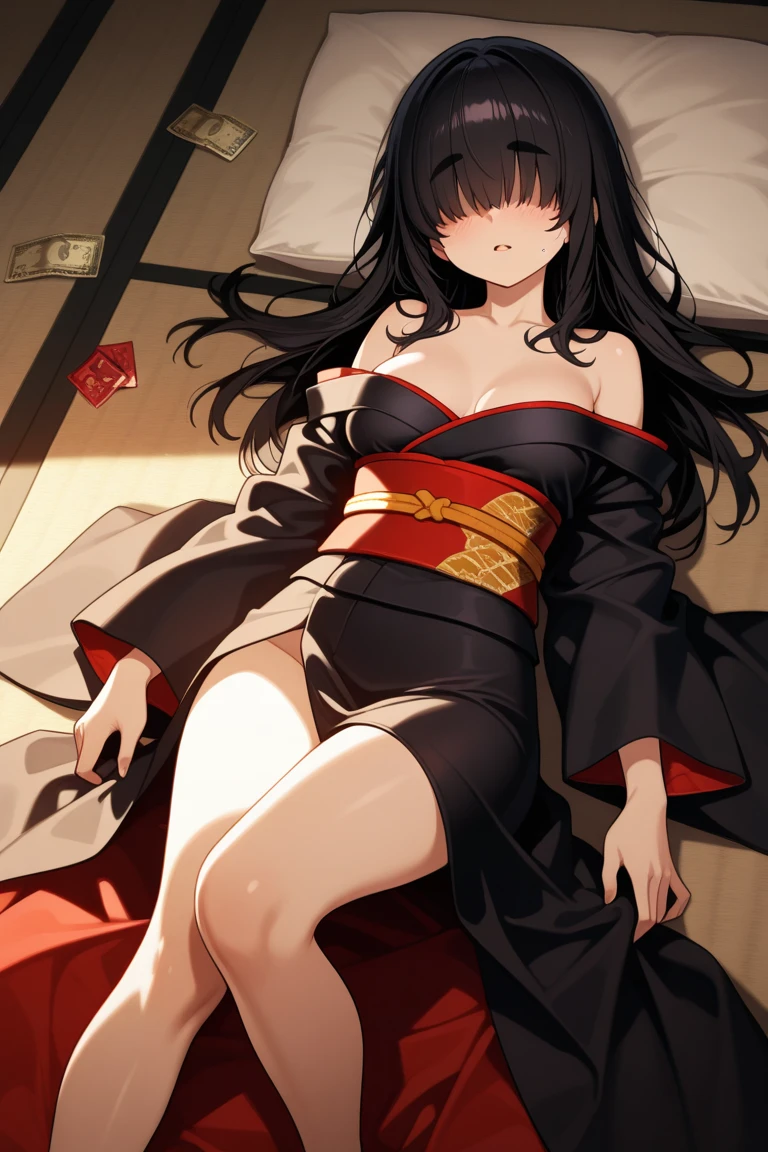 Detailed art, art sketch, sketch drawing, girl with Brazilian and Asian features, Japanese-like eyes, small and elegant lips, wavy hair with long bangs that extend a little past her light brown shoulders, deep gray eyes, makeup soft in purple and black eyes, elegant broad shoulders, elegant black dress