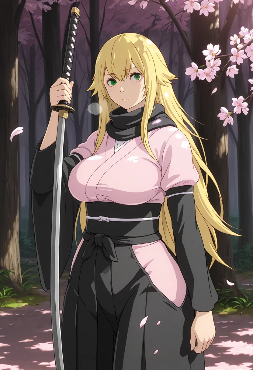 , dark, (anime coloring, anime screencap), shiny skin, (Tokyo ghoul-style:1.5), ((anatomical correct)), ((Cinematic, unreal engine, eye-catching, ambient occlusion, UHD, masterpiece)), ((perfect lighting, dappled sunlight, soft shadow)), perfect body, perfect eyes, perfect fingers, gasping, heavy breathing, gasping profusely, ((skindentation)), ((curvy)), hair flaps, hair between eyes, long hair, blonde hair, green eyes, plump, 1girl, weapon, sword, solo, japanese_clothes, holding, katana, holding_weapon, holding_sword, cherry_blossoms, hakama, kimono, looking_at_viewer, scarf, forest, flower, skirt, pink_kimono, outdoors, nature, glowing, closed_mouth, sash, black_hakama, petals, hakama_skirt, obi, tree, ninja