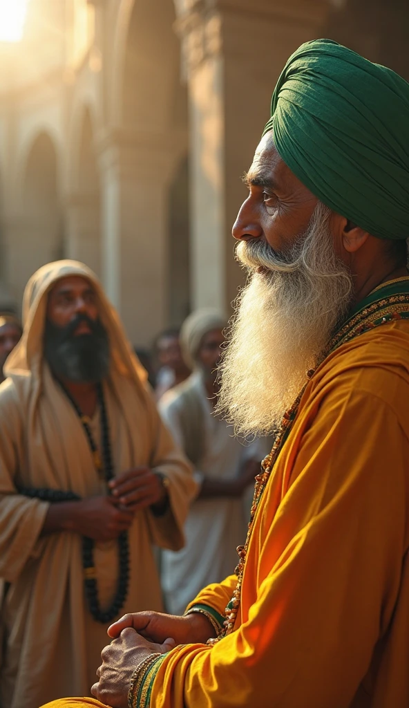 Create an image of sikh turban man enter to gurudwara and sangat around him, realistic photo