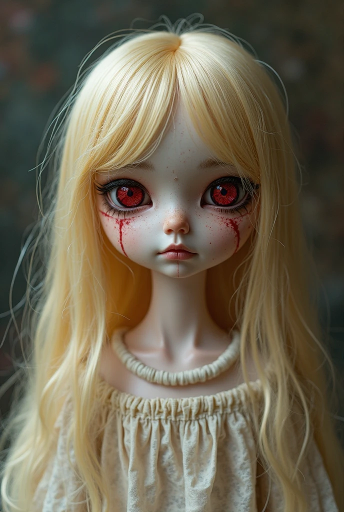 Create a woman with delicate features, heart shaped face, red lips, light eyelashes pale skin, curly white hair, Eyes red, small nose and big breasts, she is albino. She gives off an air of innocence, with a doll's face