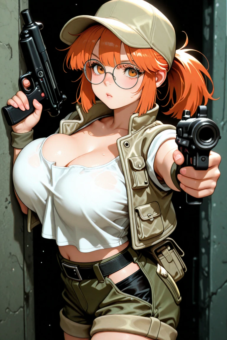 Female ,Enthusiastic, Round orange glass glasses, big breasts, Short orange hair, Small hips, Working as detective, detective clothes, investigating, weapon holsters, katana on the back