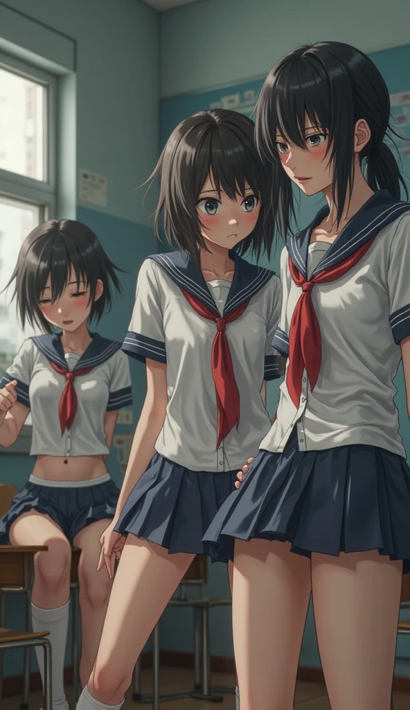 Three Japan junior high school girls take photos at the hotel in their underwear、Small breasts、Budding breasts、Some people smile, others look dissatisfied、