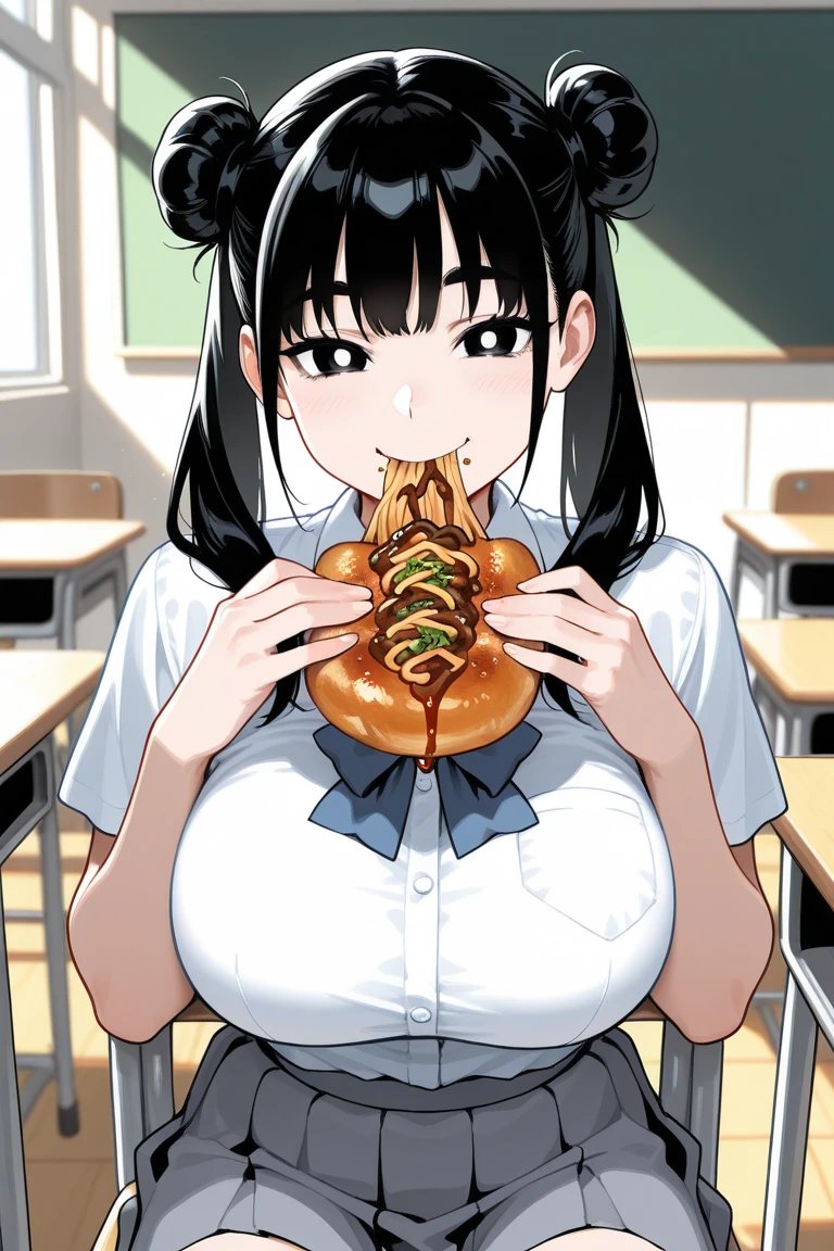 make that brownhaired girl fatter than 70kg while she eat