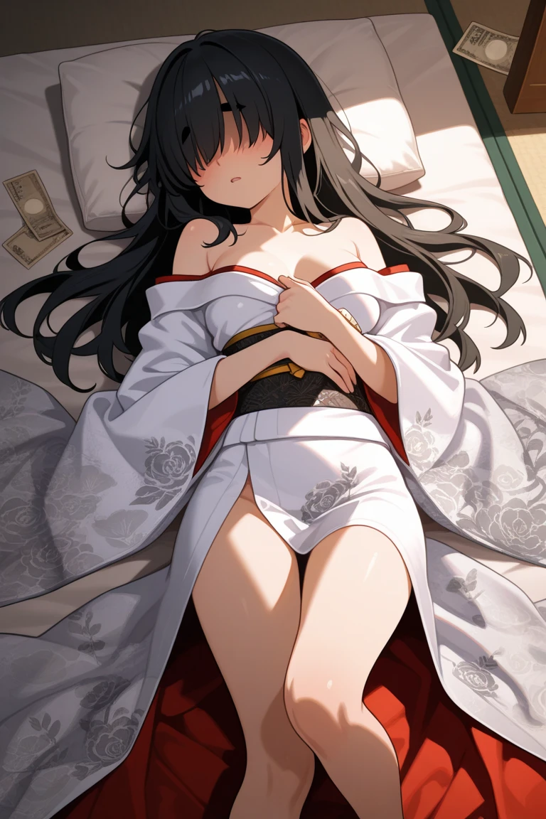 One woman, masterpiece, best quality, beautiful woman, black hair, long hair, hair accessory, red pupils, kimono, snake, red spider lily, lying on one's back, anime