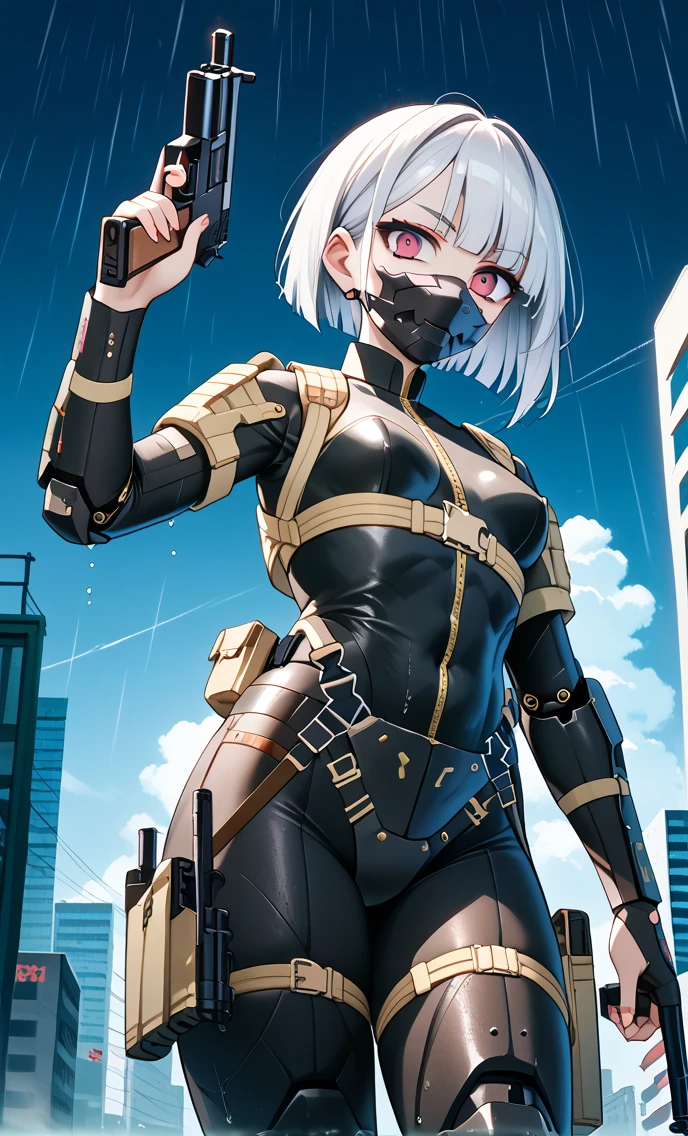 ultra detailed , girl , body , short blonde hair , angry face menacing mask , uniform military style bulletproof vest , katana , utility belt pistol holster , military boots , however