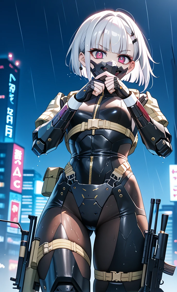 ultra-detailed, Explicit, Beautiful body, Beautiful Nose, Beautiful character design, perfect eyes, perfect face, ultra highres, 4K, beautiful legs, perfect legs, Nice hands, Perfect hand, Masterpiece, Best Quality, Highly detailed, illustration, absurdres, perfect anatomy, street fighter, doll suit, shadaloo doll, dollsuit, expressionless, blank eyes, looking at viewer, red gloves, emotionless, black latex, corrution, mind control, female combatant, full body, hypnotized, unhappy trance, full body suit, ribbed bodysuit, both arms at side, obey, perfect female body, extremely glossy latex, hypnosis, hypnoLora, empty eyes, Mind control device, poses, submissive_pose, Slave, standing straight, standing, standing at attention, hat, necktie, belt, latex, ribbed bodysuit, thighhighs, garter belt, Fighting Stance, extending the right arm from the shoulder into the air with a straightened hand, military, thigh boots, black pantyhose, (((pixel-perfect, detail-perfect))), solo, 1girl, hair ornaments, long hair, white hair, hair ribbon, yellow eyes, Gaia, Girls Frontline, low twin tails, huge breast, looking from below, view from below, from below, spread leg