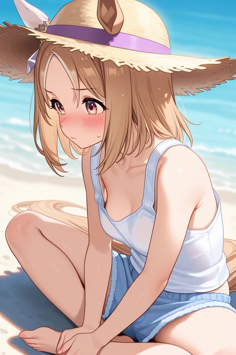 High resolution backgrounds,Beautiful background,anime, cute,Beach Sunset,The big sun setting on the horizon,,White camisole dress,Chestnut Hair,Short Bob Hair,barefoot,Happy expression,Green Eyes,White straw hat,Lens flare,Crouching on the beach with knees together