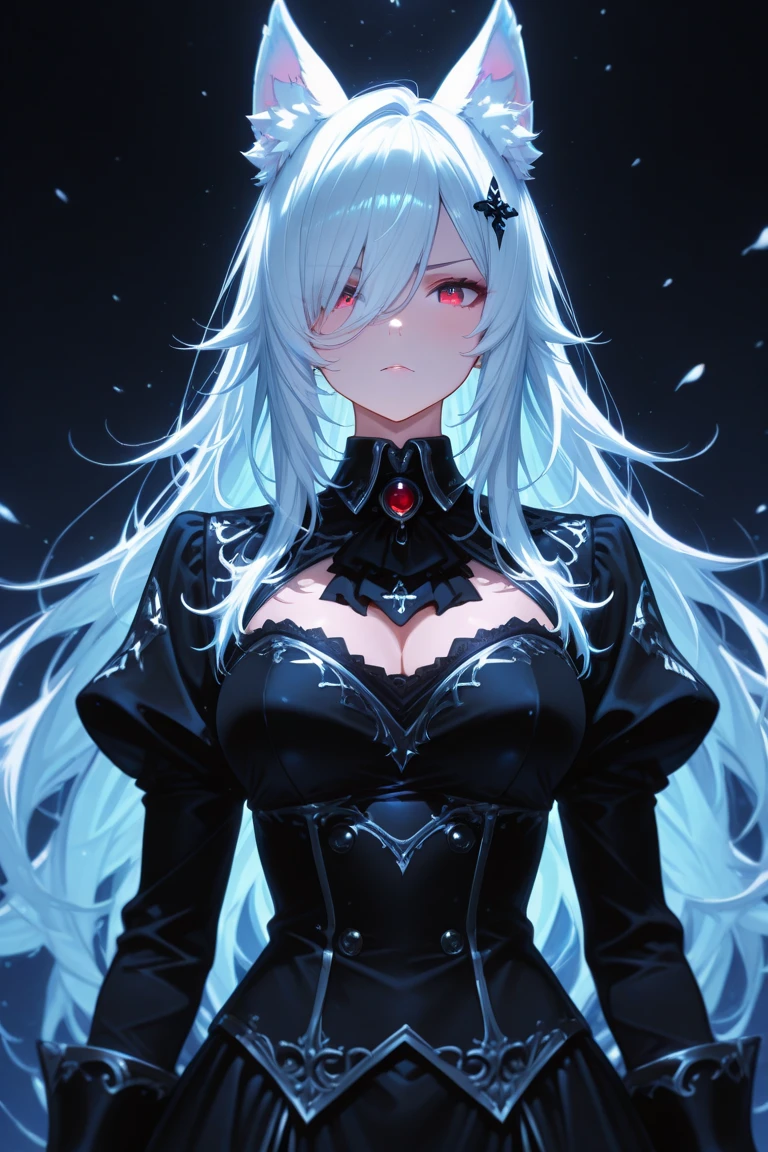 ((((Obra maestra, La mejor calidad, ultrahigh resolution)))), 1girl, standing,), ((long pure blonde hair, hair over eye)), long hair cut, shiny skin, ((blue eyes)), glowing_eyes, neon eyes, (ultra detailed eyes:0.7, beautiful and detailed face, detailed eyes:0.9), ((centered)), smirk, facing viewer, ((vibrant background, dark lighting, summer, sunlight)), large chested, looking at viewer, ((half closed eyes)), ((perfect hands)), (((head:1, arms, hips in view, elbows, in view))), ((hands behind back)), empty eyes, beautiful lighting, ((outside, outdoors)), defined subject, head tilt, (((gritty)), ((creepy)), ((cool)), ((beautiful)), (((SFW))), horns, hair ornament, petals in the air, moon in the sky, city, mature woman, adult woman, sfw, black dress, latex dress