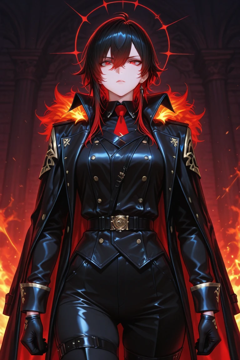 (masterpiece:1.37), woman, mature, extremely detailed eyes and face, long straight hair, (red hair:1.5), yellow eyes, military uniform, cloak, torn cloak, ripped cloak, flame-print cloak, futuristic, science fiction, hologram armband, unicursal hexagram-shaped pupils, standing, large breasts, futuristic, science fiction, hologram armband, best quality, 8k, highres, ultra-detailed, studio lighting, ultra-fine painting, sharp focus, physically-based rendering, extreme detail description, professional, vivid colors, bokeh, extreme attention to detail, tsurime, messy bangs, long bangs, bright red hair highlights, two-tone hair, full body