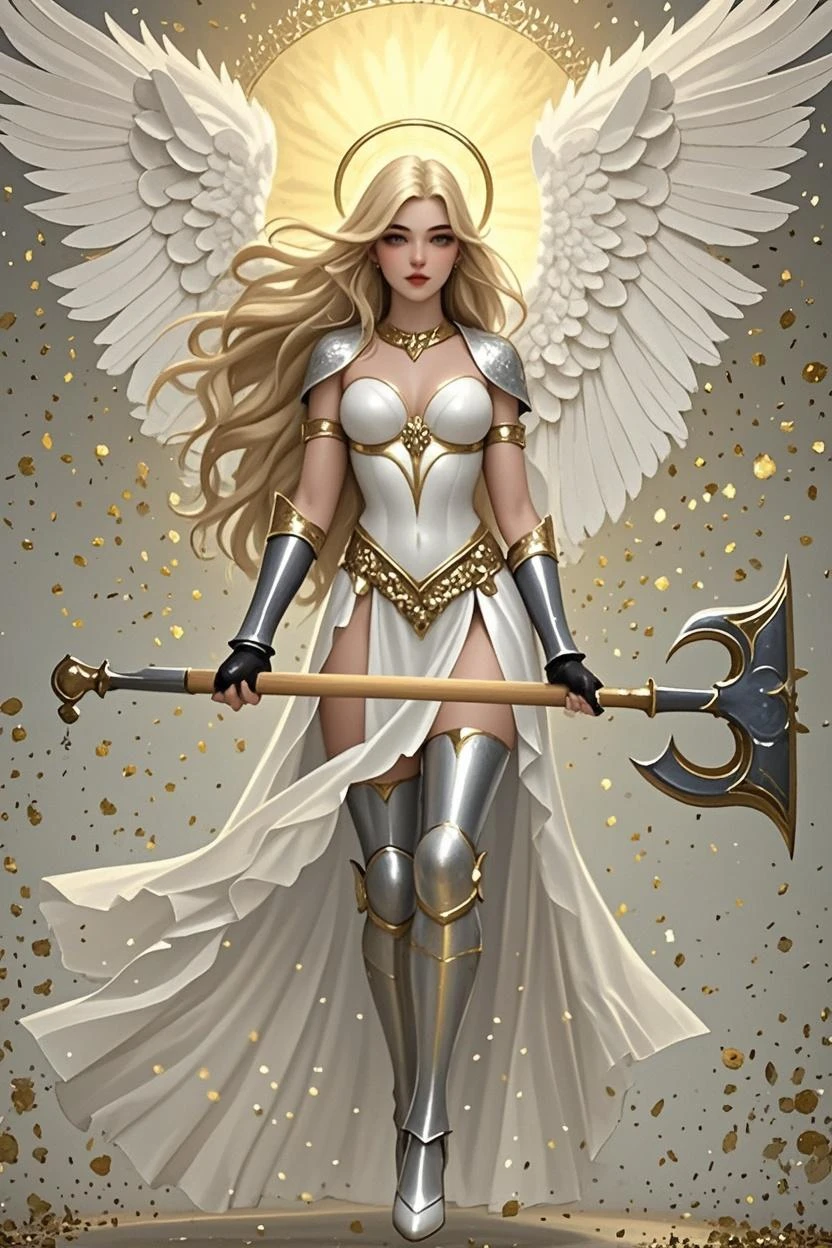 Guild logo carton with the name SHARP GIRLS large on the front, and a cartoon drawing of a beautiful warrior woman posing holding a golden knife with both hands and with long white wings and long white hair and golden clothes fundo preto amostrando toda a imagem