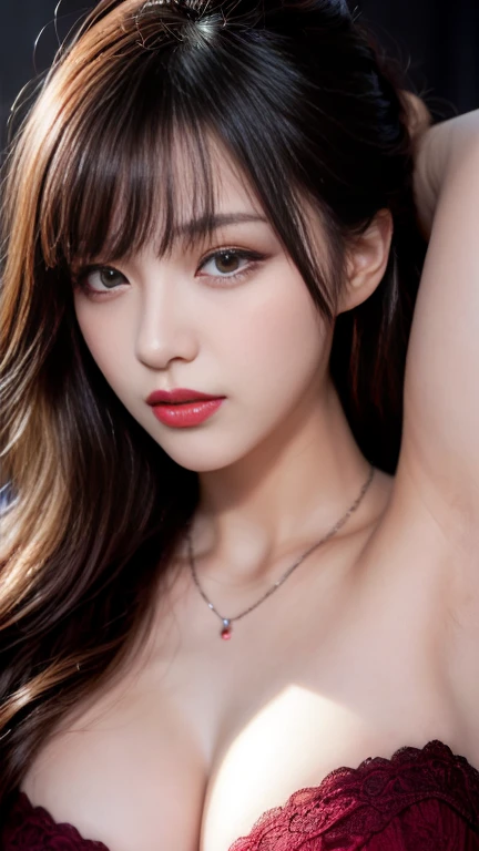 Canon RF 85mmf/1.2,masutepiece,Best Quality,超A high resolution,tu,1 girl,(Korean mixed,Kpop Idol:1.2),Solo,white_shiny_skin,Black eyes,Necklace,brown_long_Wavy_hair,Red lipstick bright_shiny_Lips,Eyelashes,Bangs,deal,make - up,shiny,Pore,skin texture,Bracelet,off shoulders,See-through,Big breasts