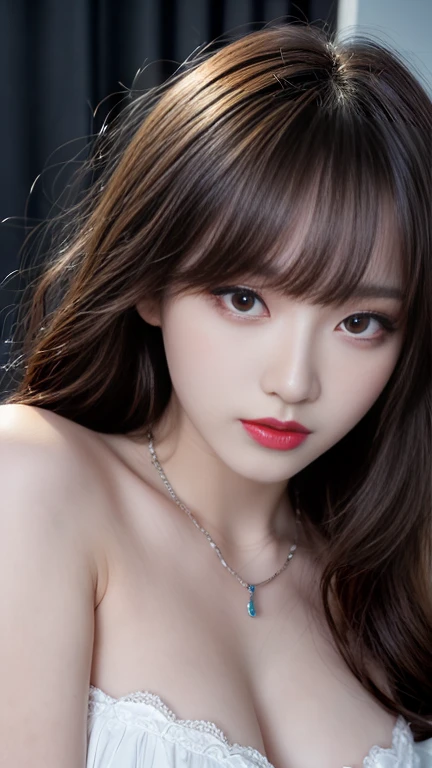Canon RF 85mmf/1.2,masutepiece,Best Quality,超A high resolution,tu,1 girl,(Korean mixed,Kpop Idol:1.2),Solo,white_shiny_skin,Black eyes,Necklace,brown_long_Wavy_hair,Red lipstick bright_shiny_Lips,Eyelashes,Bangs,deal,make - up,shiny,Pore,skin texture,Bracelet,off shoulders,See-through,Big breasts and square face