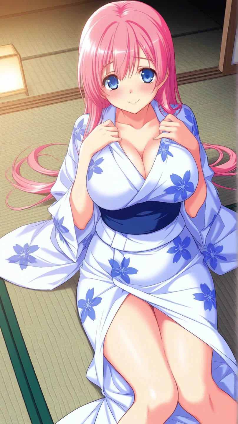 (Highest quality),(masterpiece),(8k),(High resolution),(1 person:1.5),Pink beard,(Head to thigh),(Shooting from directly above),(breasts out:1.3),Lying on your back,tatami,yukata,Primary school students,Pink nipples,(Big Boobs)