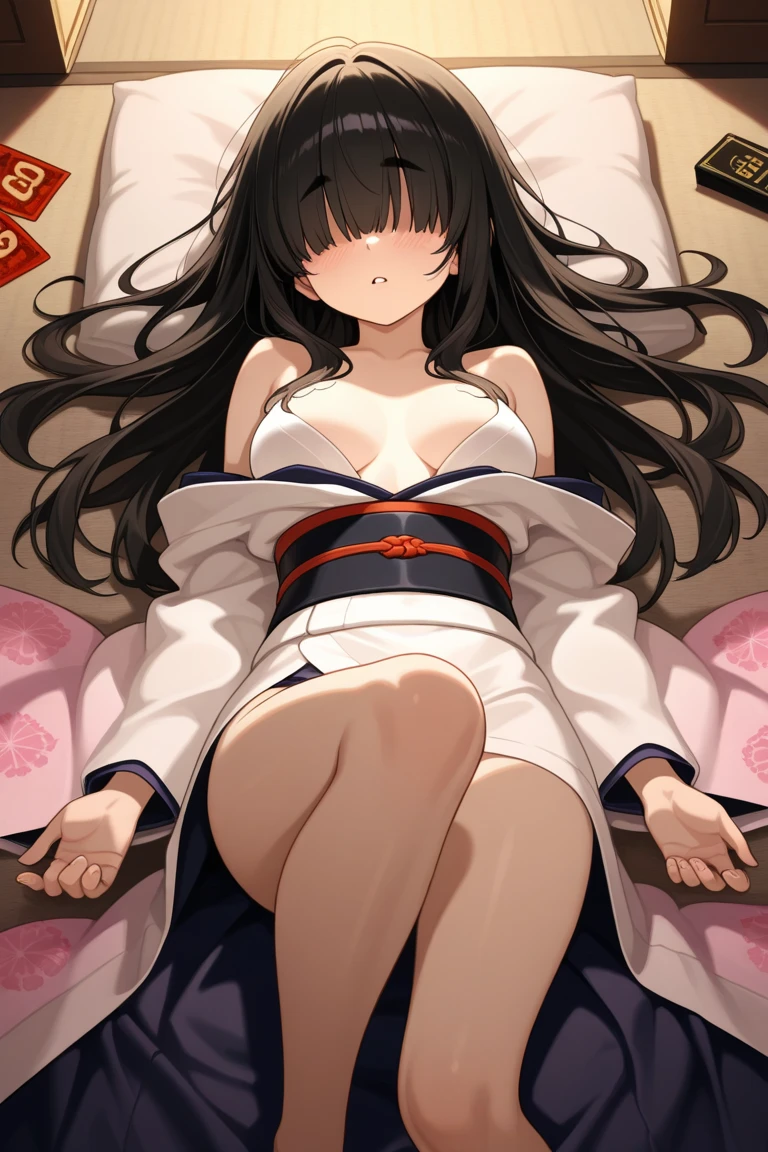 top-quality、Precise depiction、a picture、One beautiful black-haired woman、38 years、Eyebrows of the same color as the hair、Sleeping in a snow-white bed、No Underwear、Spread your legs wide from side to side、Show off the inside of the thigh、Yukata gets wet with sweat and sticks to the skin、1 white thin see-through yukata、very large breast、The color and shape of the tip of the chest is visible 、You can see the color and shape of the areola、Looks a lot of pubic hair、The entire chest shows through
