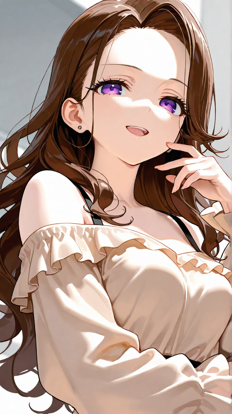 best quality, photorealistic, 8k, high res, 1girl, (professional lighting, bokeh), (long brown hair), (purple eyes), wavy hair, (portrait), gorgeous, bloom, (floating hair), flustered, smile, full body