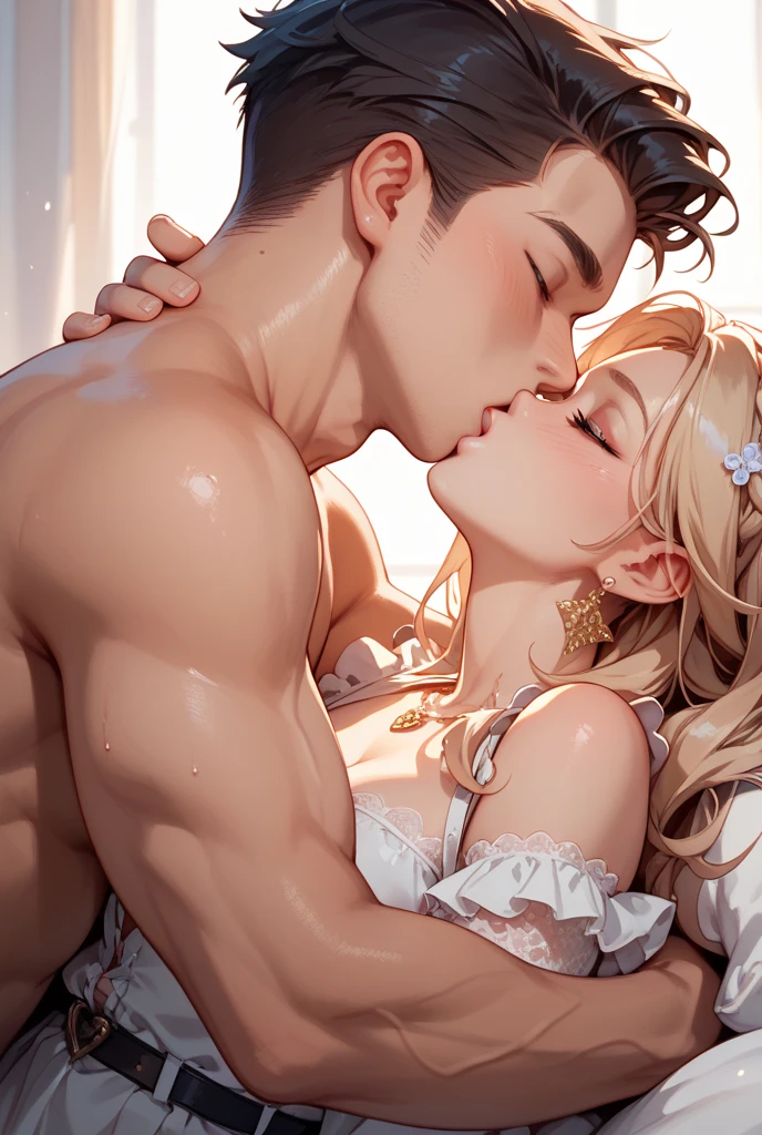 masterpiece, best quality, best resolution, ultra detailed, perfect anatomy, (((1girl and 1 boy))),(((kiss))),((1 beautiful girl and 1 handsome boy)) ,couple, duo, (((nsfw))), beautiful girl, pale skin, muscle, gigantic breasts, hetero.