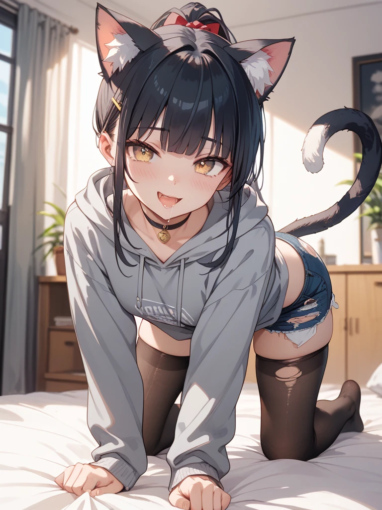 masterpiece,One girl,alone ,Heart-shaped pupils,Open your mouth,hoodie,,  Static Restraints,　Dark blue hair girl, Cat ears and tail, Wearing a tank top and racing pants.　Loli body type　　Twin tails　Female genitalia is visible　　Detailed depiction of female genitalia　Flat Chest　Stern expression　With legs apart