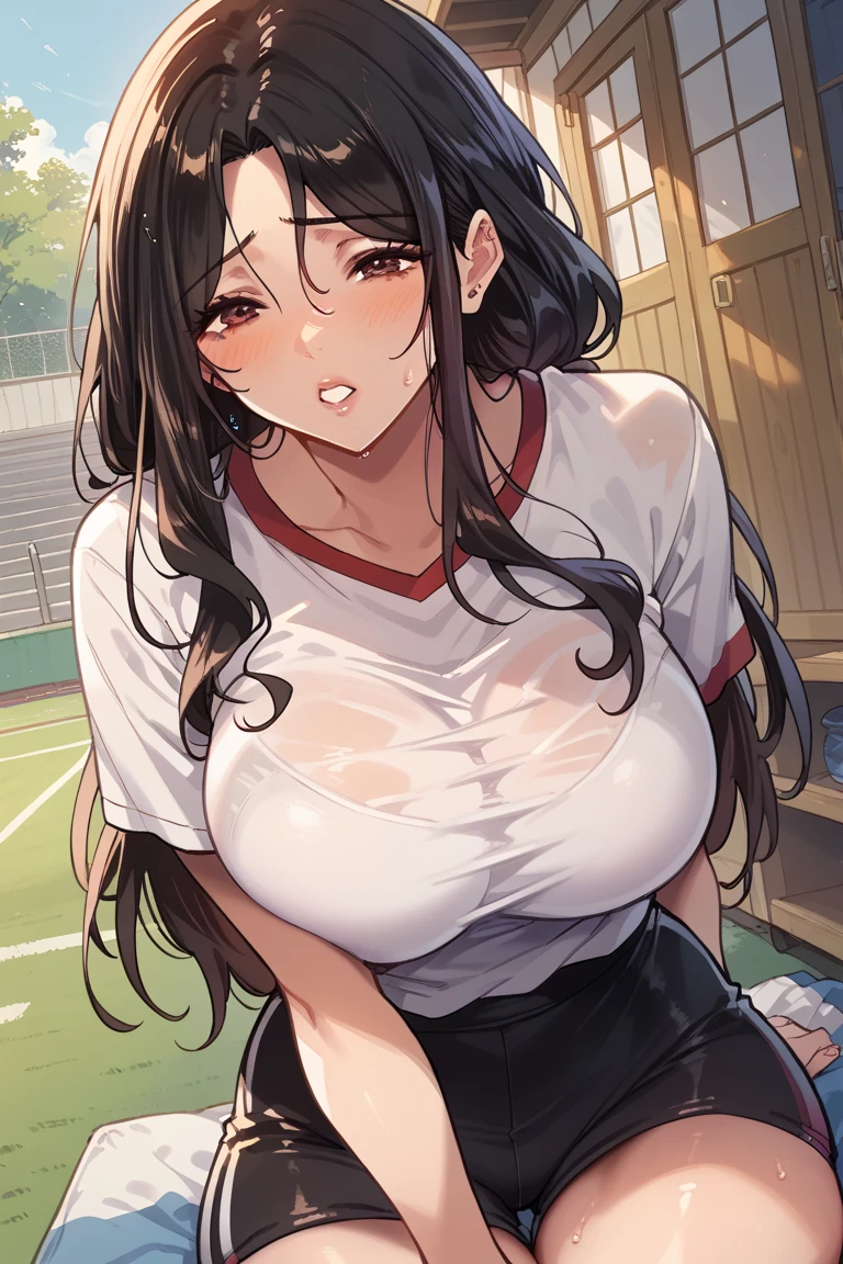 ((nsfw, masterpiece, best quality)), ((super high resolution)), (photo realistic), best shadow, (sharp sketch, illustration:1.2), high detail, very detailed, (nice hands, perfect hands), (POV, face focus:1.4), ((1girl and 1 boy)), beautiful girl, 20 years old, green eyes, (black long hair:1.5), (big breasts:1.3), glossy skin, ((view from below:1.5)), (very slender:1.3), (beautiful adolt face:1.3), famous idol, thin lips, detailed facial features, facial and skin texture, Crisp focus, perfect beautiful body and face, pink small nipple, beautiful face, perfectly in focus, long bangs, underhair, (in the school:1.3), all body, (orgasm:1.2), (sweat:1.5), (cum from crotch:1.5), ((woman on top:1.5)), ((penis)), ((vaginal, sex, :1.5)) , open mouth, (tennis uniform:1.5), ((show off nipple:1.3)), ((skirt lift)), drool, stick tongue out