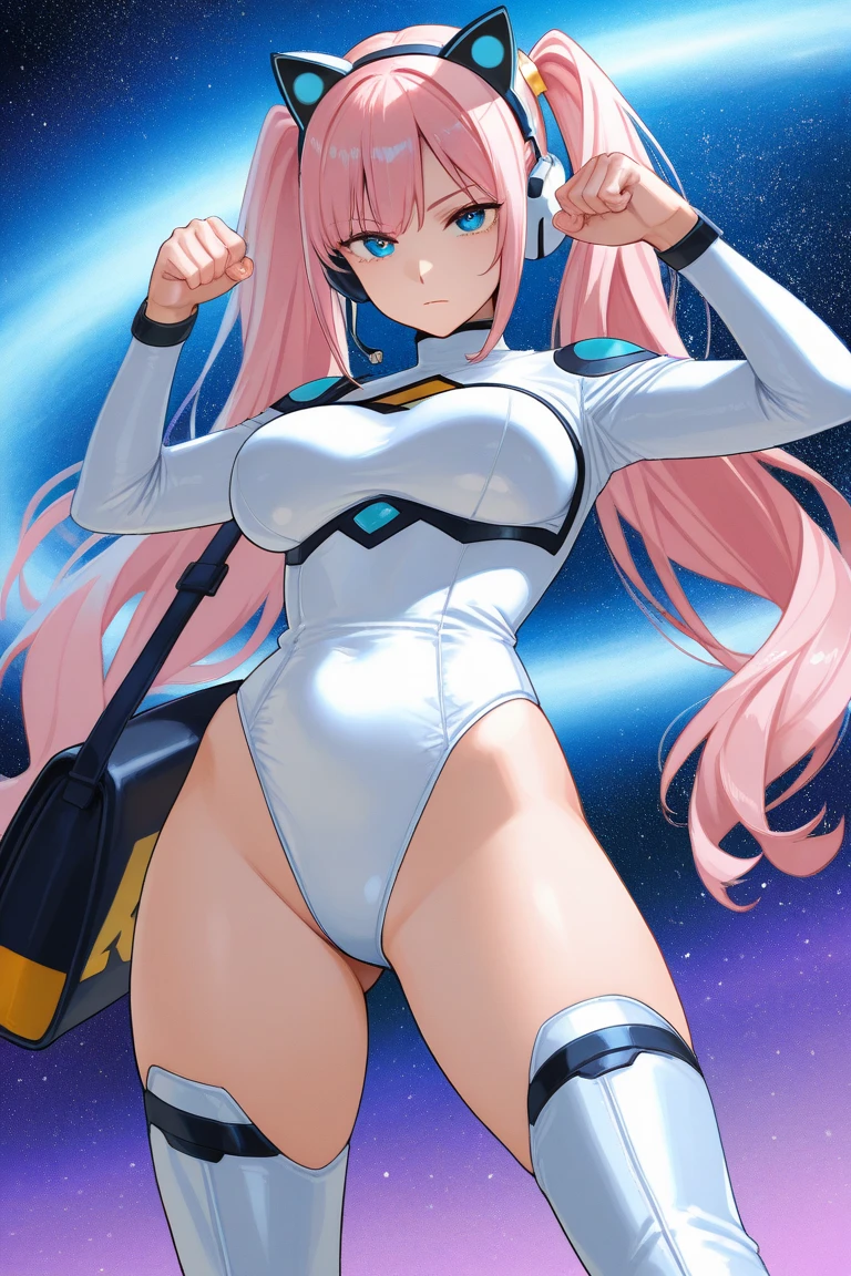 (masterpiece), (best quality), (high res),1girl, tall body, (pointy ears), pink hair, long hair, ponytail, red eyes, beautiful detailed eyes, beautiful detailed face, cute face, (perfect hands), complete fingers, perfect anatomy, perfect proportions, ((hat, dark blue police hat)), ((leotard, matching leotard, bare legs)), ((boots, matching boots)), breasts, medium breasts, fingerless gloves, (full body portrait), looking at viewer, solo, solo focus, floating, police uniform, cowboy shot, space backdrop, indoors, (belt, tight belt), (armbands, white sleeves), (legs straight), full body costume design.
