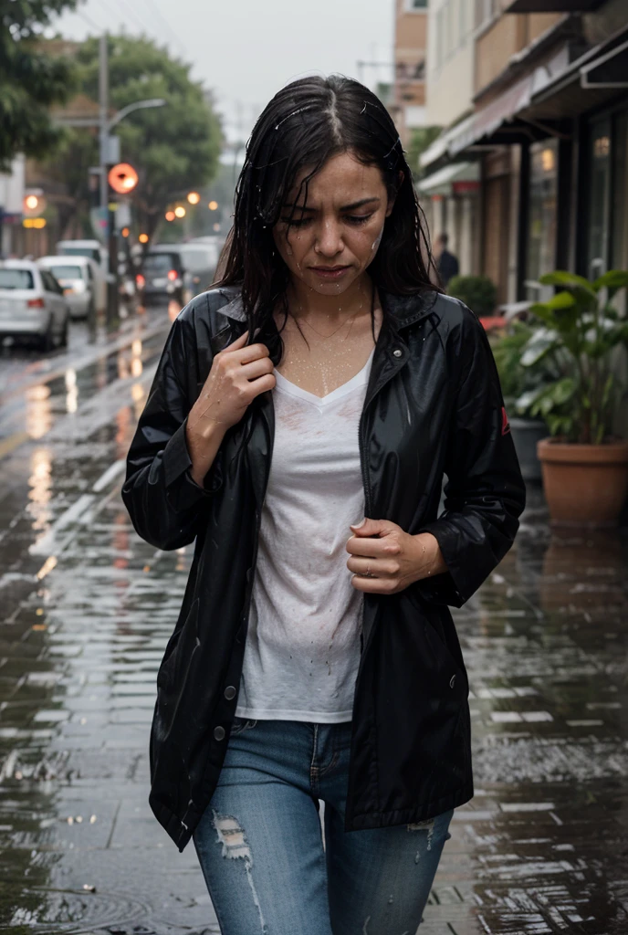 Girl with long black hair, in a white long-sleeved shirt,standing wet in the rain